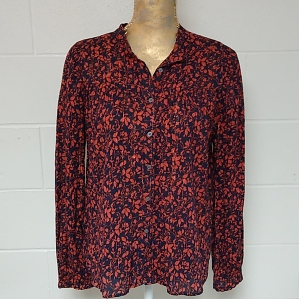 LOFT PRINT WITH LYREX SMOCKED BUTTON UP MANDARIN COLLAR COTTON BLOUSE